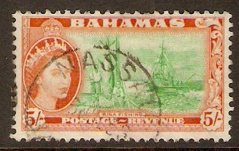 Bahamas 1954 5s Bright emerald & reddish orange. SG214a.